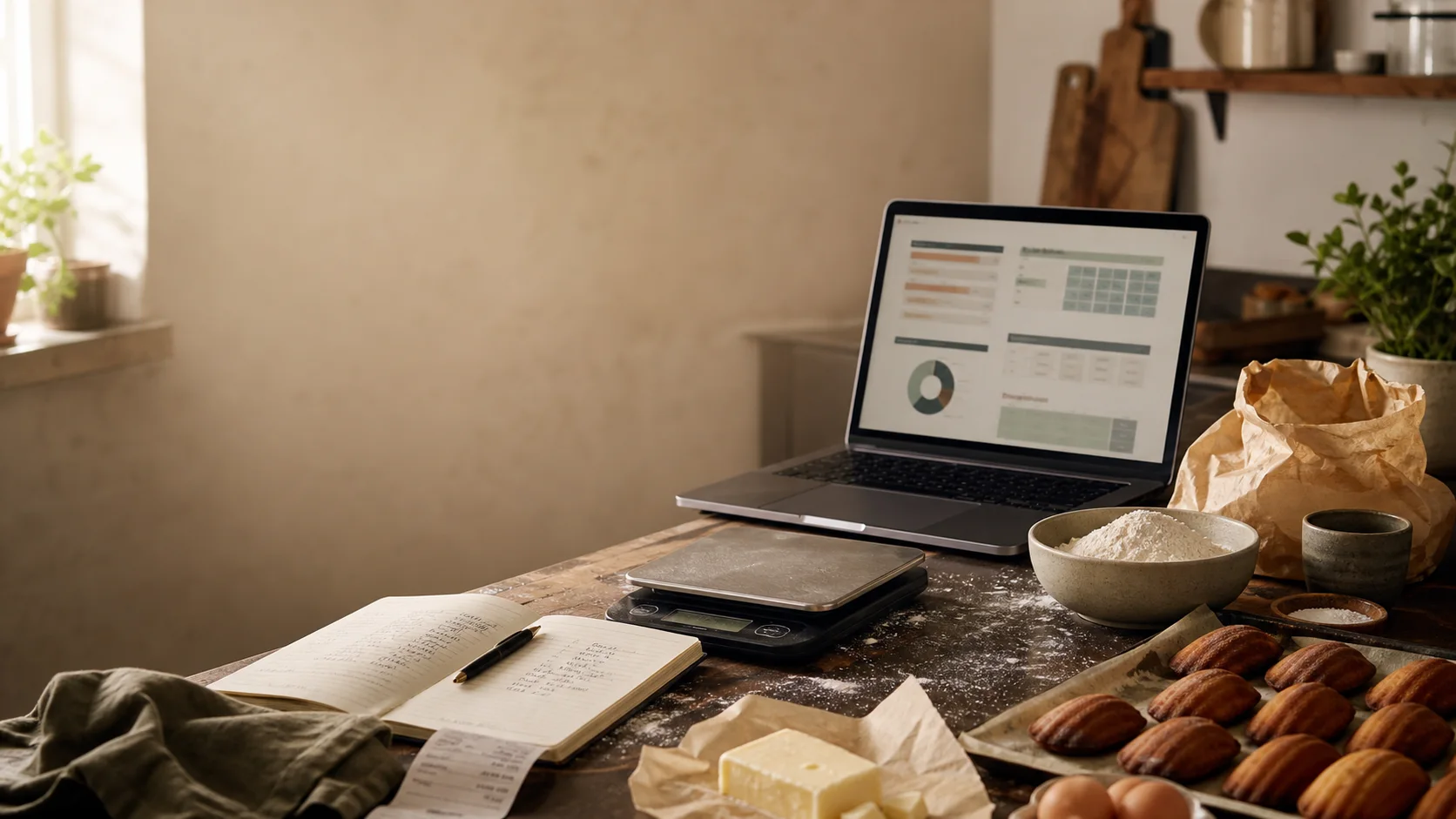 Bancada de cozinha com notebook e materiais de planejamento